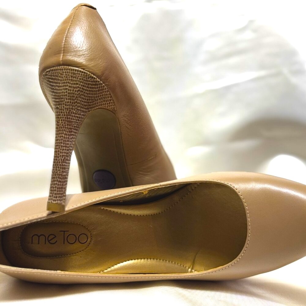 "Me Too" Holly Tan/Beige Leather Pumps with a textured heel and platform. 9.5
